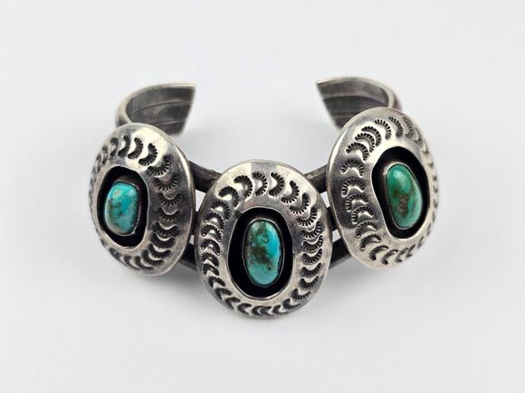 Handmade Jewelry - Large Navajo Shadowbox Turquoise sterling silver Cuff bracelet curved crescent